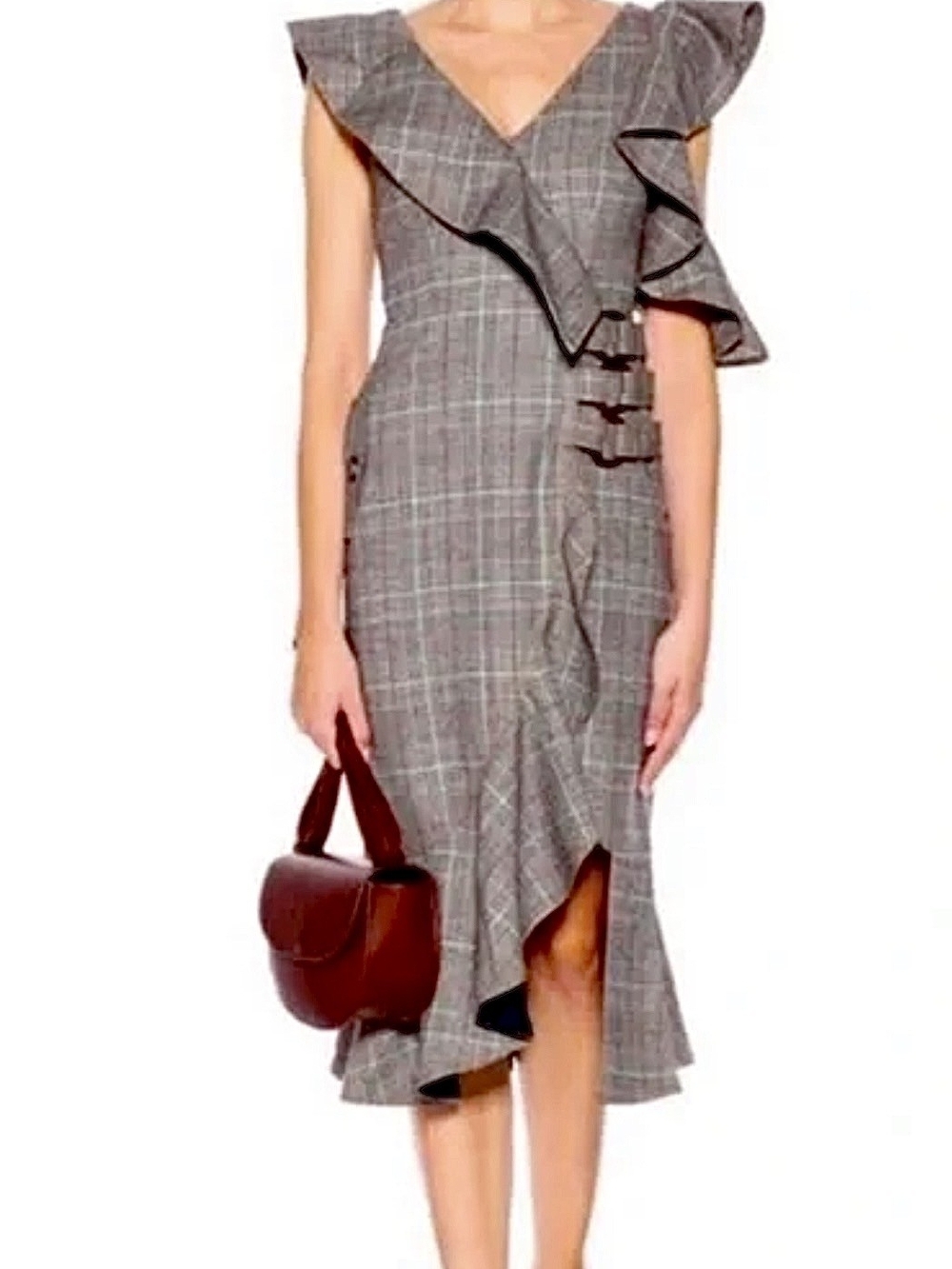 NWT! Self-Portrait Gray Plaid Ruffle Midi Dress